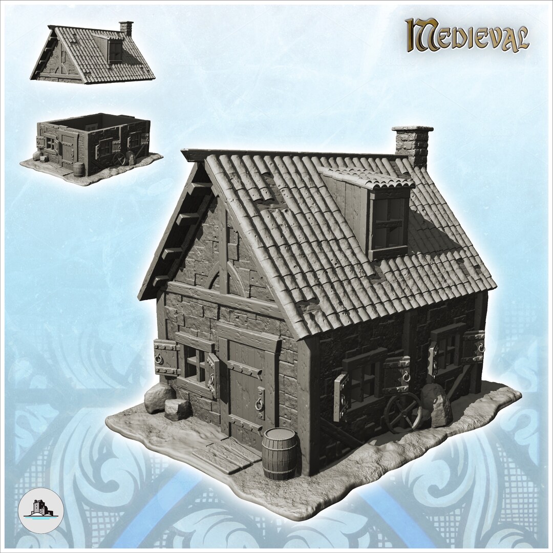 Medieval House With Tiled Roof, Floor Window - STL 3D Print