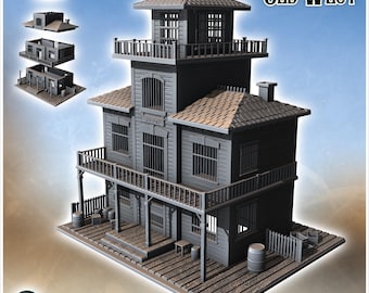 Western saloon with awning entrance, tiered balcony, tile roof and accessories (3) - STL Impression 3D Cowboy USA America ACW American Civil