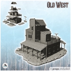 Saloon with entrance canopy and double floor (+ props) (27) - STL Impression 3D Cowboy USA America ACW American Civil War History Historical