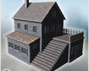 Elevated medieval wooden house with long exterior staircase and rooftop terrace (10) - STL 3D Printing Modern Conflicts 20th 21st Century