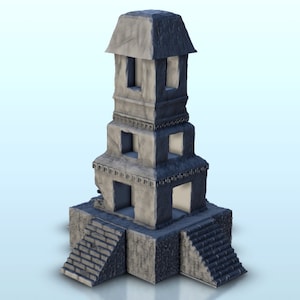 May include: A gray stone tower with three levels and a flat roof. The tower has windows and a staircase on each side. The tower is on a base with a staircase on each side.