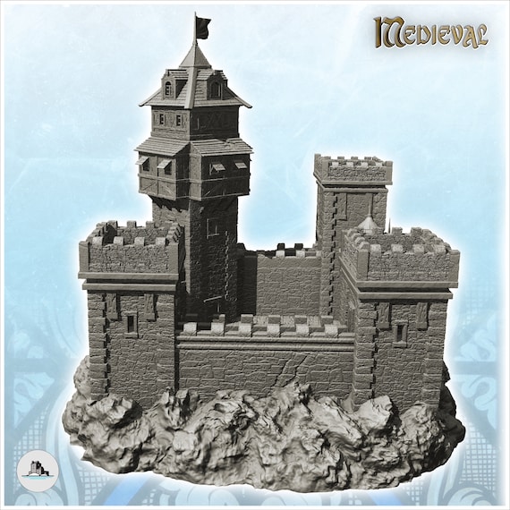 Large Damaged Castle With Triple Crenellated Towers and Wooden