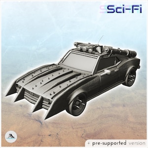 Post-apocalyptic car with four front blades and accessories on the roof (1) - STL 3D Printing Post-apo apocalypse SF Sci-Fi Star Cyberpunk F