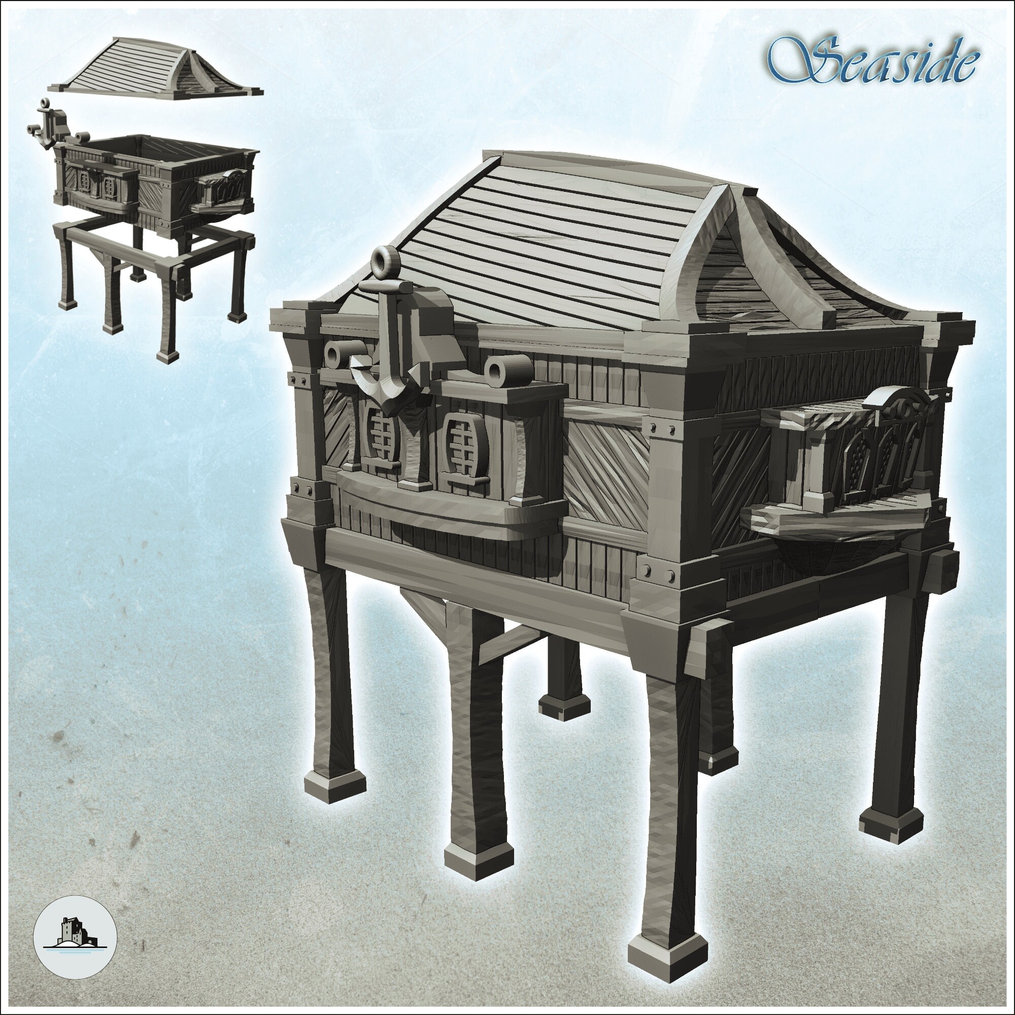 Medieval wooden warehouse with four wide columns (10) - STL 3D Printing Model Pirate Jungle Island Beach Piracy Caribbean Medieval