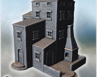 Stacked mediterranean dwellings with winding stairs and a tall chimney courtyard (13) - STL 3D Printing Modern Conflicts 20th 21st Century