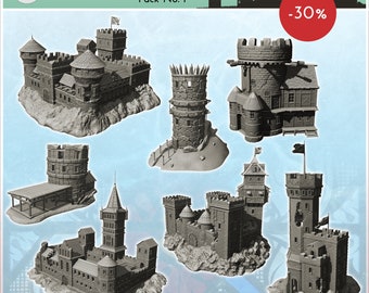 May include: A set of 3D printed medieval castle models, including a tall tower, a small castle with a drawbridge, and a larger castle with a central tower. The models are made of gray plastic and are set against a light blue background. The text "Medieval castles Pack No. 1 -30%" is visible in the image.
