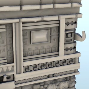 May include: A gray 3D model of a stone structure with intricate carvings and a rectangular window. The structure has a stylized animal head on the right side.