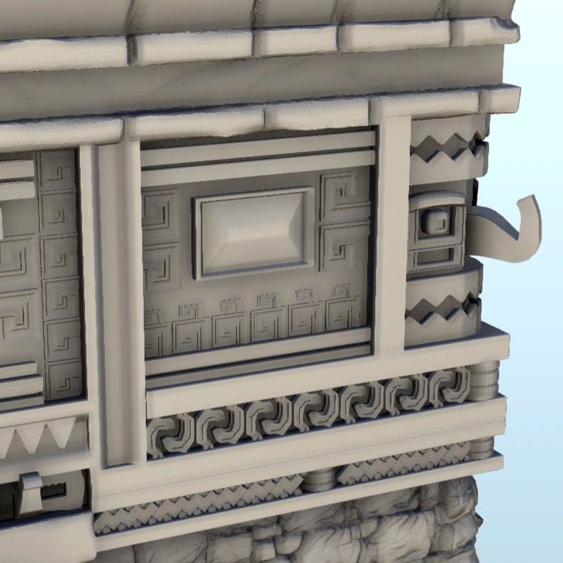 May include: A gray 3D model of a stone structure with intricate carvings and a rectangular window. The structure has a stylized animal head on the right side.