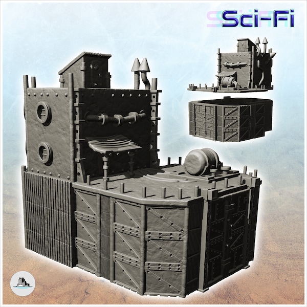 Fortified steel barracks with tank and roof access door (5) - Scenery BattleTech MechWarrior Scifi Science fiction SF 40k Grimdark