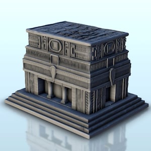 May include: A gray, detailed, miniature building with a flat roof and a set of stairs leading up to the entrance. The building has a decorative design with geometric patterns and a shield-like symbol on the front.