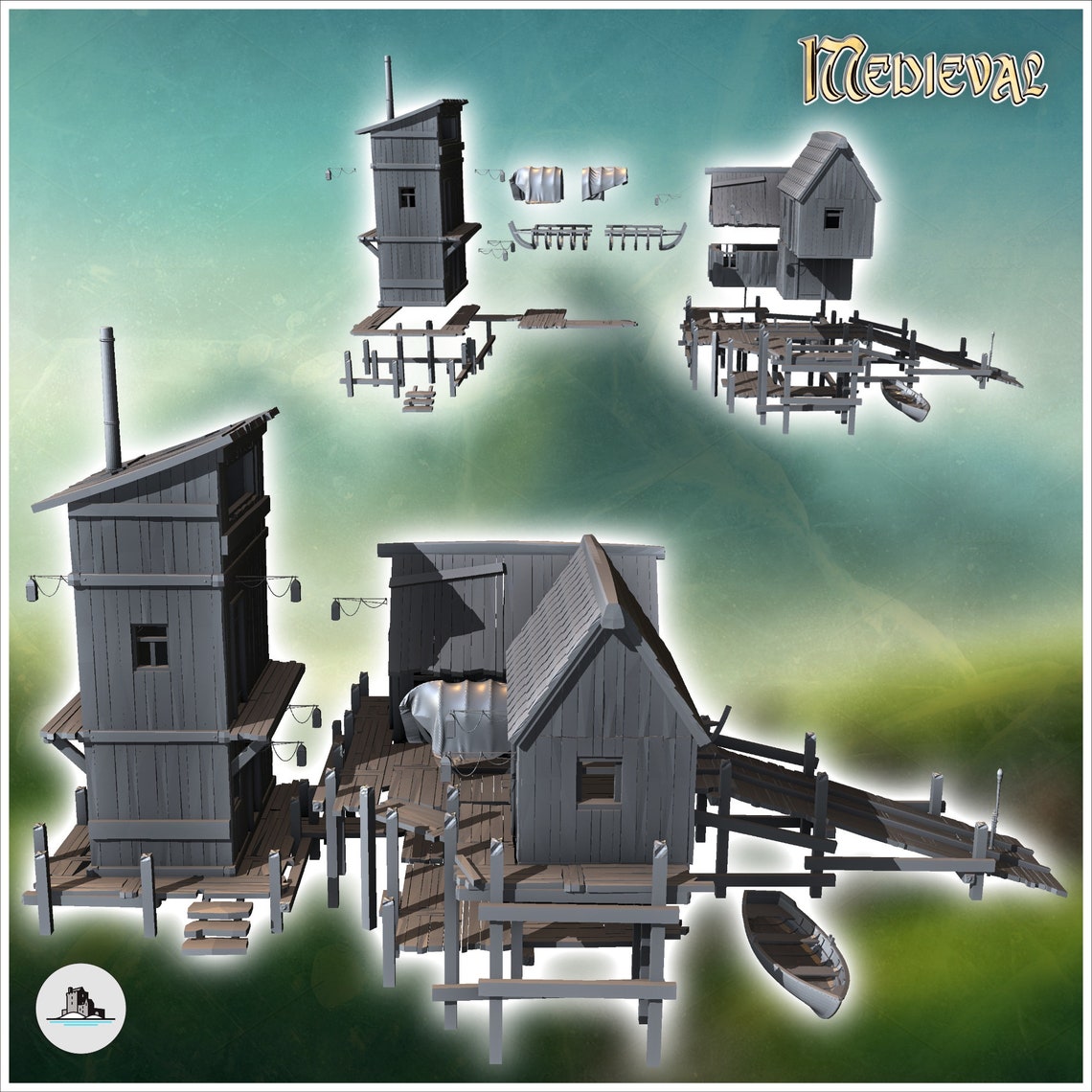 Medieval Port Village With Boat Ramp and Houses (1) - STL 3D Print Dark ...