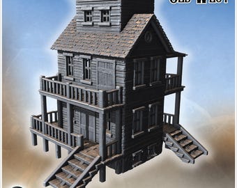 Two-story house with wooden balconies, double staircases and lookout tower section (16) - STL 3D Printing Western Wild West Historical
