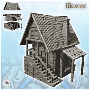 Medieval house with tiled roof and large staircase - STL 3D Print Dark Gothic Feudal Old Saga DnD Mini Arkham RPG Frostgrave Malifaux DBA