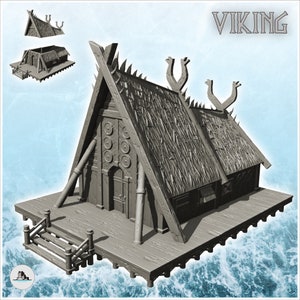 Casa vikinga con gran fachada y plataforma de madera (13) - STL Impresión 3D Modelo Impresora Edad Media Medieval Feudal Histórica Saga D&D