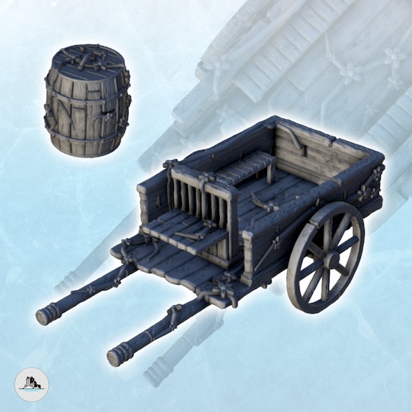 Wooden cart and barrel (3) - STL 3D Printing Print Medieval Gothic Feudal Old Saga DnD Mini