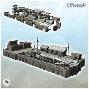 Medieval shipyard with ship hull and ancillary buildings on platform (17) - STL 3D Printing Model Pirate Jungle Island Beach Piracy Caribbea