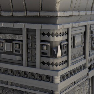 May include: A close-up of a gray, textured, stone structure with intricate carvings and geometric patterns. The structure features a series of rectangular panels with raised edges and a repeating design of stylized eyes.