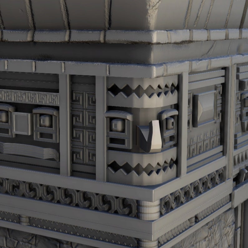 May include: A close-up of a gray, textured, stone structure with intricate carvings and geometric patterns. The structure features a series of rectangular panels with raised edges and a repeating design of stylized eyes.