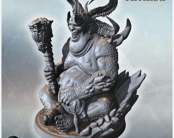 Fat demonic figure seated on a rocky base, holding a monstrous staff with details (42) - STL 3D Printing Medieval Fantasy Imaginary World