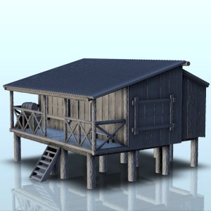 Cabin on stilts with wooden barrels (6) - STL 3D Printing Vietnam War Laos Hill Hue RPG Model Printer fdm sla Tropical Guadalcanal