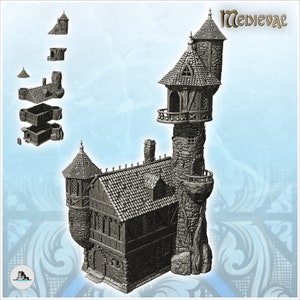 Large medieval stone manor with corner tower - STL 3D Print Dark Gothic Feudal Old Saga DnD Mini Arkham RPG Frostgrave Malifaux DBA