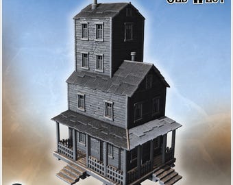 Tall wooden house with side annex, tin roofs and weathered planked walls (18) - STL 3D Printing Western Wild West Historical