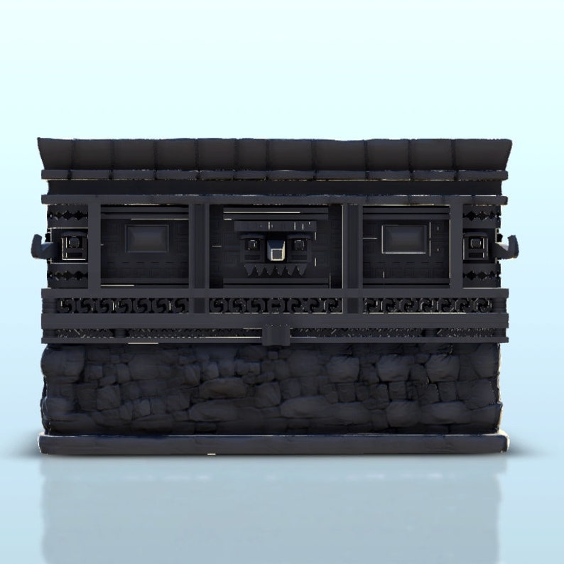 May include: A black wooden structure with a stone base and three windows. The windows have intricate carvings around them.