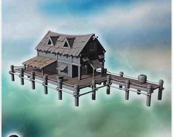Wooden half-timbered port warehouse with quay and canopy (9) - STL 3D Printing Pirate Jungle Island Beach Piracy Caribbean Medieval