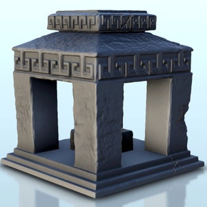May include: A gray stone temple with a square base and a rectangular opening. The temple has a decorative frieze around the top and a small square platform inside.