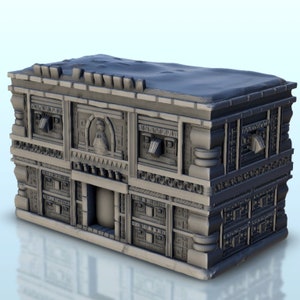 May include: A gray, detailed, miniature model of a stone building with multiple windows and a doorway. The building has a textured roof and intricate carvings.