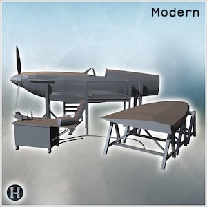 Metallic aircraft fuselage on supports with attached equipment cart and steps (6) - STL 3D Printing Printer Ww2 Ww1 Modern Miniatures Tablet