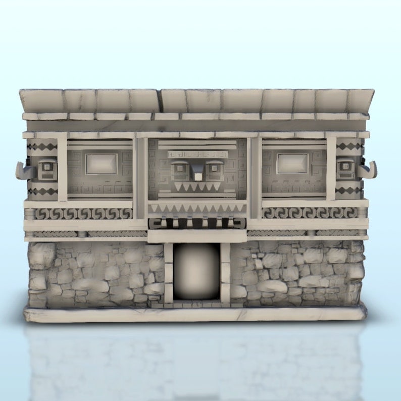 May include: A gray stone building with a carved face and two windows. The building has a stone roof and a stone base. The building is in front of a white background.