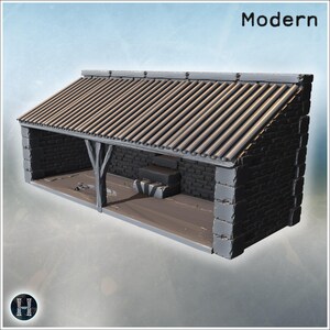 Puede incluir: Maqueta gris de un edificio moderno con tejado inclinado. El edificio tiene fachada de ladrillo, pilar de madera y una pequeña escalera. La palabra "Modern" se muestra en la esquina superior derecha.