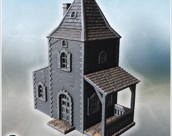 Stone village tower house with pitched roof balcony and reinforced corner structure (34) - STL 3D Printing Modern Conflicts 20th 21st Centur