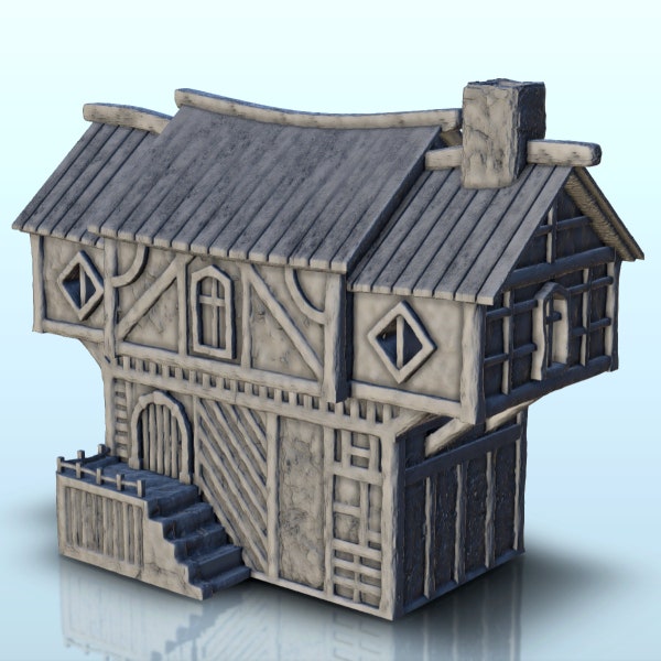 Medieval house with access stairs and roof in several parts (3) - STL 3D Printing Print Medieval Gothic Feudal Old Saga DnD Mini