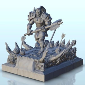 Héro orc à hache sur plateforme d&#39;ossements 10 - STL Impression 3D Orc Ork Démon Horde verte Fantastique Bête Démon Ogre