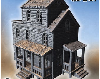 Large wooden house with weathered planks, arched windows and dual porches (17) - STL 3D Printing Western Wild West Historical