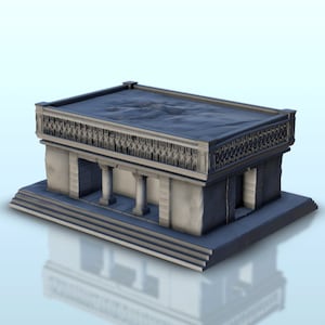 May include: A gray, detailed model of a small, rectangular building with a flat roof and a decorative railing. The building has a set of steps leading up to the entrance, and there are four pillars supporting the roof.