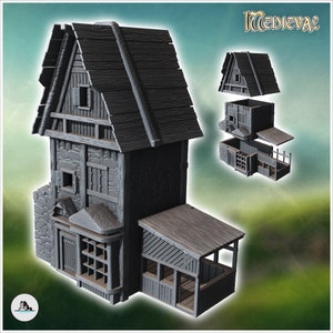 Large medieval building with covered annex - STL 3D Print Dark Gothic Feudal Old Saga DnD Mini Arkham RPG Frostgrave Malifaux DBA