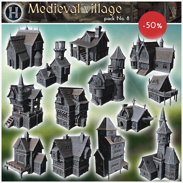 Pack de village médiéval No. 8 - STL 3D Modèle Moyen Âge Médiéval Gotique Féodal Ancien Saga D&D Arkham RPG Frostgrave Malifaux DBA