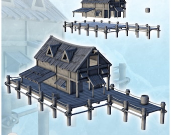 Wooden half-timbered port warehouse with quay and canopy (9) - STL 3D Printing Pirate Jungle Island Beach Piracy Caribbean Medieval