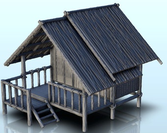 Wooden cabin on stilts with large terrace (10) - STL 3D Printing Vietnam War Laos Hill Hue RPG Model Printer fdm sla Tropical Guadalcanal