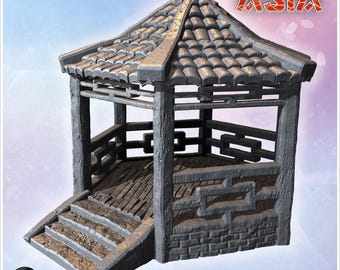 Traditional hexagonal pavilion with wooden pillars, tiled roof, and decorative staircase (1)