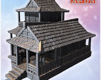 Two-story wooden house with large porch, tiled roof, and decorative bamboo clusters (9)
