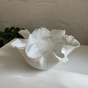 Big handmade ceramic Coral bowl in satin white glaze