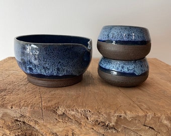 Matcha Bowl and cups with beautiful blue glaze