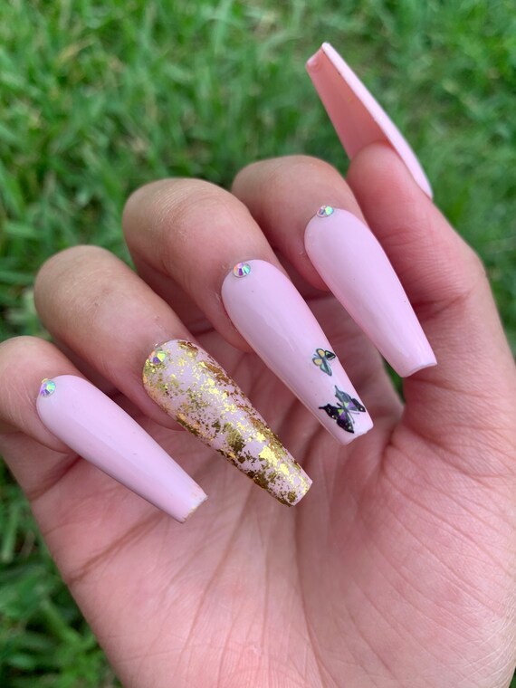 Pink Butterfly Gold Flake Bling Press On Nails Etsy Pink Butterfly Gold Flake Bling Press On Nails Etsy