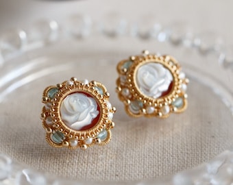 Two-Layers Red Agate Cameo Stud Earrings