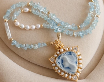 Catalina Two-Layers Blue Agate Cameo Pendant & Aquamarine Necklace