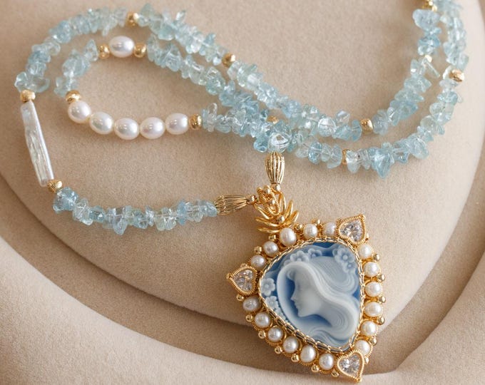 Featured listing image: Catalina Two-Layers Blue Agate Cameo Pendant & Aquamarine Necklace